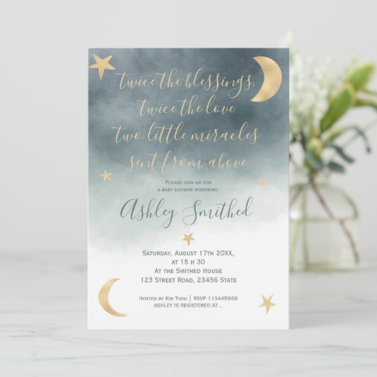 gouden maansterren blauwe waterverf tweeling baby  kaart (Staand voorkant)