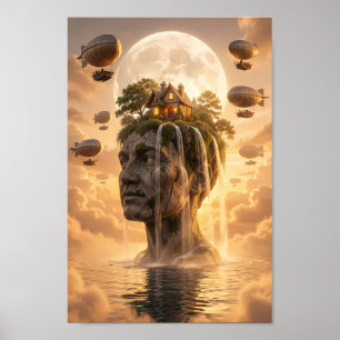 Gouden Maanverlichte Hemelparadijs Droomlandschap Poster