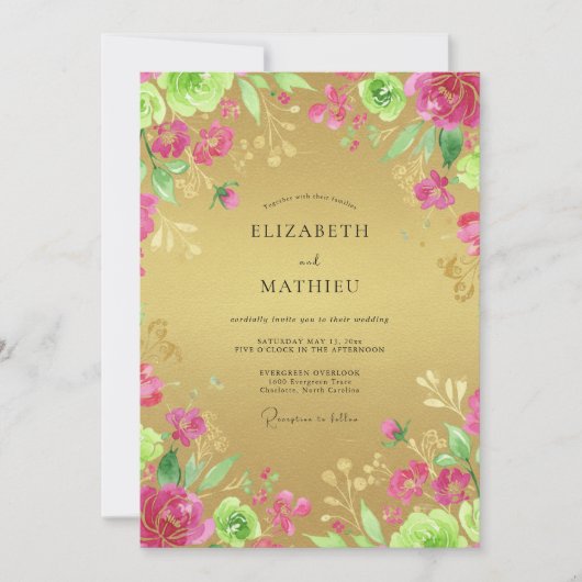 Gouden Magenta Ranunculus Eucalyptus Bruiloft Kaart (Voorkant)