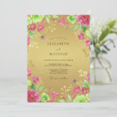 Gouden Magenta Ranunculus Eucalyptus Bruiloft Kaart (Staand voorkant)