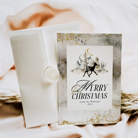 Gouden Magic Forest Bloemen Foto Kerstmis Feestdagenkaart