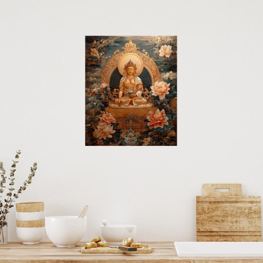Gouden Maitreya Boeddha Roze Bloemen Illustratie Poster (Keuken)