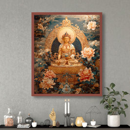 Gouden Maitreya Boeddha Roze Bloemen Illustratie Poster
