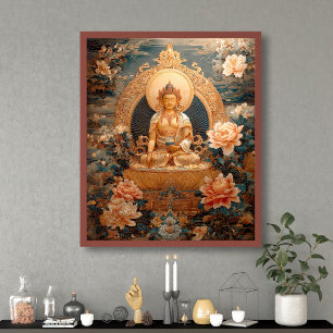 Gouden Maitreya Boeddha Roze Bloemen Illustratie Poster