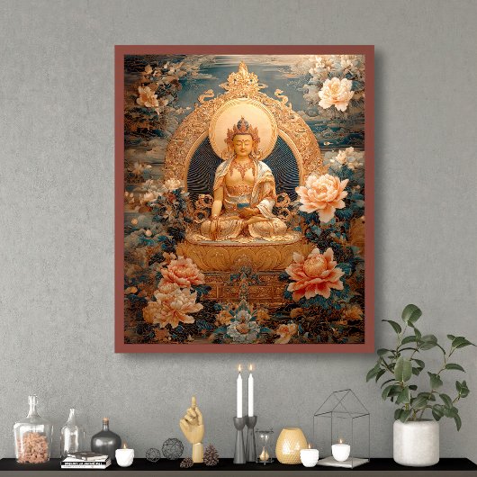 Gouden Maitreya Boeddha Roze Bloemen Illustratie Poster