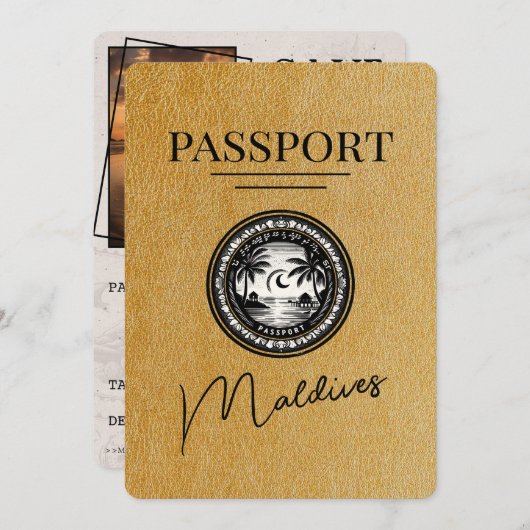 Gouden Malediven Paspoort Bewaar de datum Save The Date (Voorkant / Achterkant)