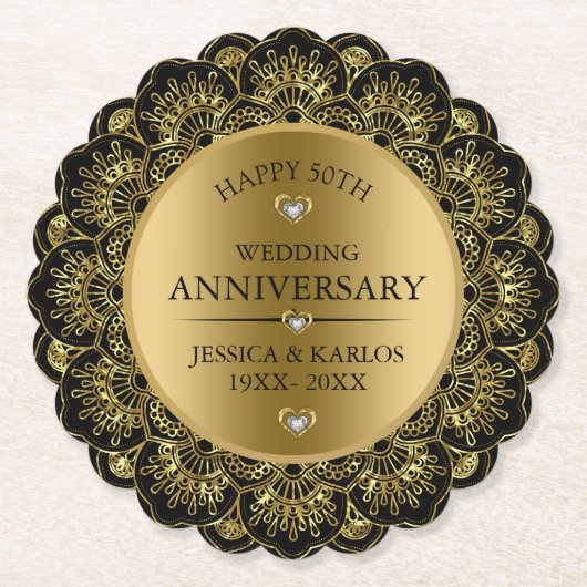 Gouden mandala 50ste gouden trouwdag kartonnen onderzetters (Voorkant)