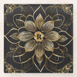 Gouden Mandala Bloem Motief Zwart Elegant Monogram Glazen Onderzetter