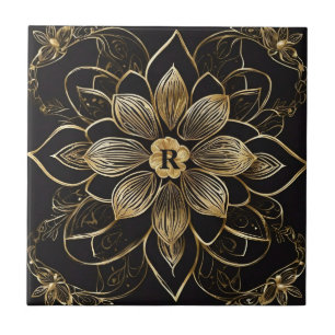 Gouden Mandala Bloem Motief Zwart Elegant Monogram Tegeltje