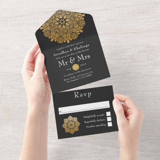 Gouden Mandala Indiase Trouwdag All In One Uitnodiging (Afscheurbaar)