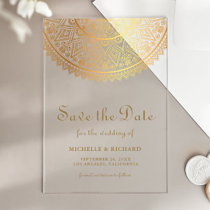 Gouden Mandala Indiase Trouwkaart Save the Date Acryl Uitnodigingen