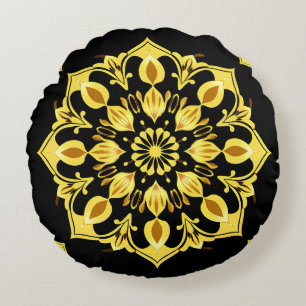 Gouden Mandala-ontwerp met symmetrische patronen Rond Kussen