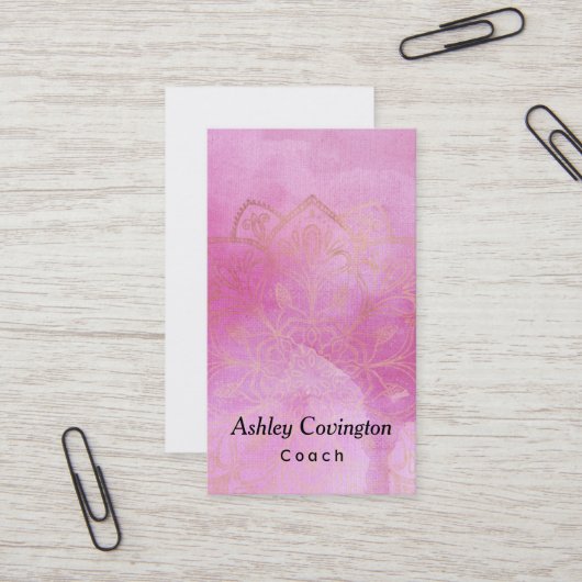 Gouden Mandala over Geweven Donkerroze Waterverf 4 Visitekaartje (Voorkant / Achterkant in situ)