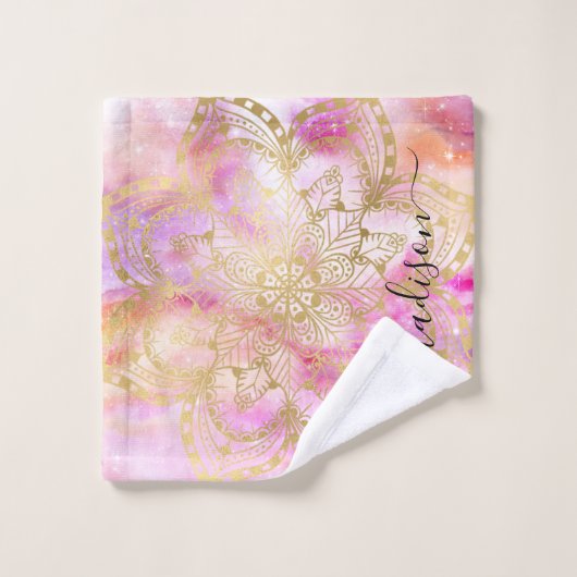 Gouden Mandala patroon Roze Paarse Nebula Custom Bad Handdoek (Wasdoekje)