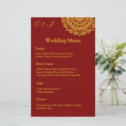 Gouden mandala rode bruiloft menu (Staand voorkant)