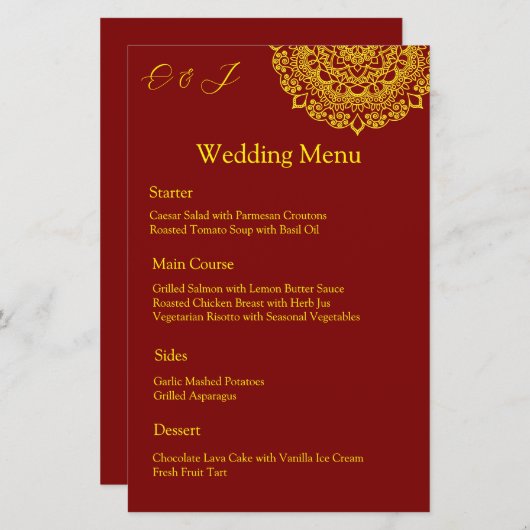 Gouden mandala rode bruiloft menu (Voorkant / Achterkant)