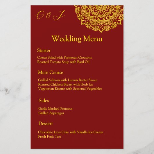 Gouden mandala rode bruiloft menu (Voorkant)
