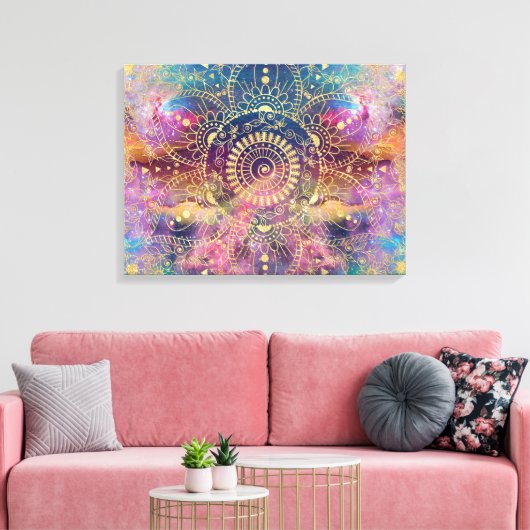 Gouden Mandala Waterverf kleurrijke nevel Canvas Afdruk (Insitu (Woonkamer))