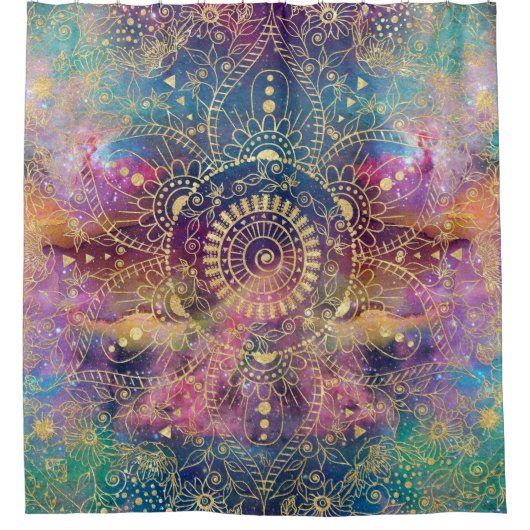 Gouden Mandala Waterverf kleurrijke nevel Douchegordijn (Voorkant)