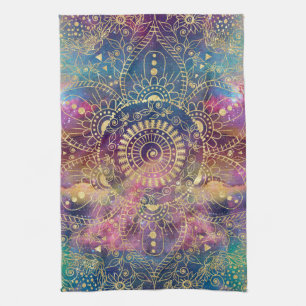 Gouden Mandala Waterverf kleurrijke nevel Theedoek