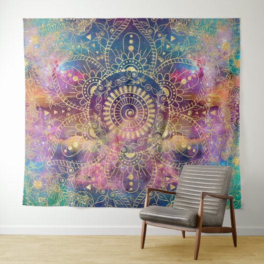 Gouden Mandala Waterverf kleurrijke nevel Wandkleed (In Situ (horizontaal))