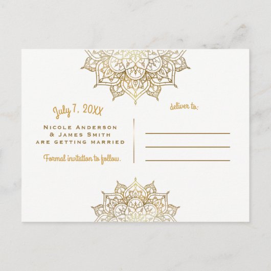 Gouden Mandala & Wit Elegant Chic Save the Date Aankondigingskaart (Achterkant)