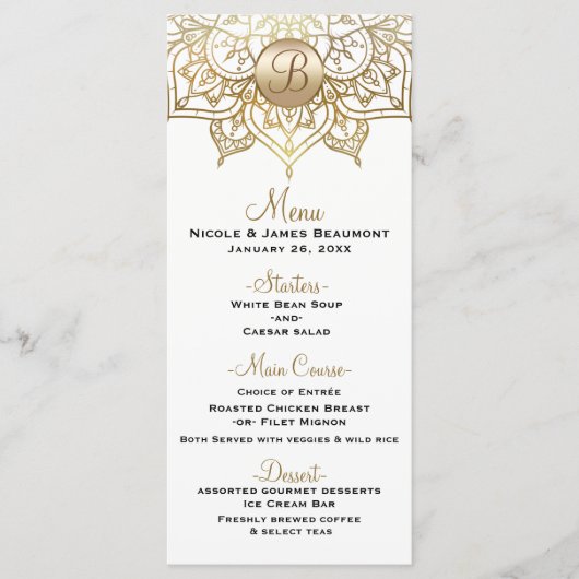 Gouden Mandala Wit Modern Elegant Trouwmenu Menu (Voorkant)