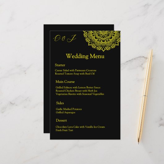 Gouden mandala zwarte bruiloft menu (Voorkant / Achterkant in situ)