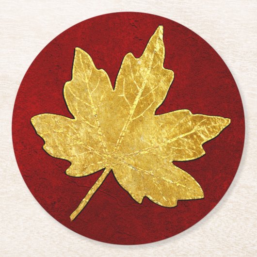 Gouden Maple Leaf op Rood Ronde Kartonnen Onderzetter (Voorkant)