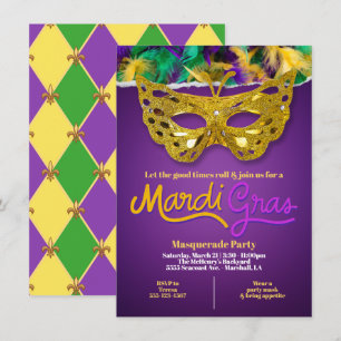 Gouden Mardi Gras Maskerade Viering Kaart