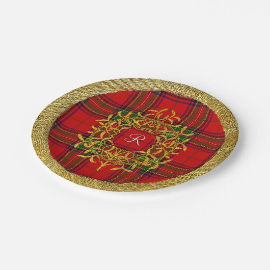 Gouden Maretak Stewart Plaid Monogram Papieren Bordje (Gekanteld)