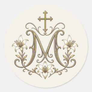 Gouden Mariaans Kruis Monogram Ronde Sticker