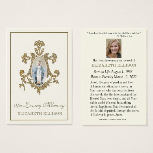 Gouden Marian kruis Maagd Maria rouwkaart Visitekaartje (Voorkant /achterkant)