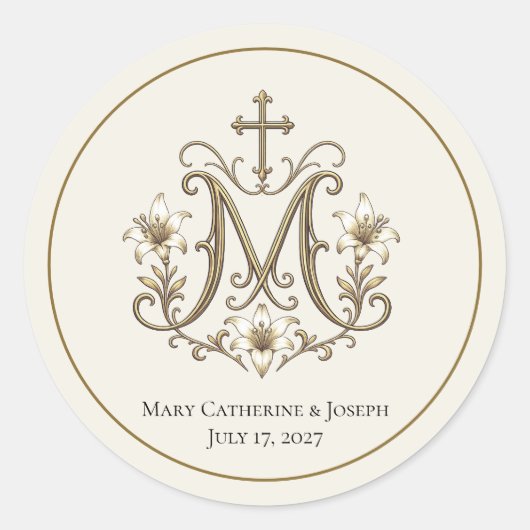 Gouden Marianus Kruis Monogram Ronde Sticker (Voorkant)