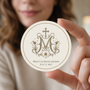 Gouden Marianus Kruis Monogram Ronde Sticker