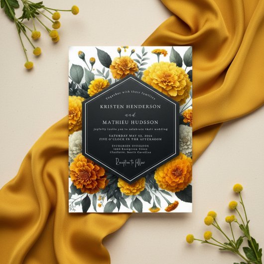 Gouden Marigold Whimsical Bruiloft Kaart