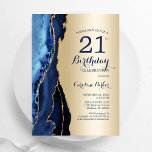 Gouden Marine Blauwe Agaat 21e Verjaardag Kaart<br><div class="desc">Navy blauw en goud agaat 21e verjaardag feestuitnodiging. Elegant modern ontwerp met een koningsblauwe waterverf agaat marmeren geode achtergrond,  faux glitter gold en typografie script lettertype. Trendy uitnodigingskaart perfect voor een stijlvol vrouwenfeest. Gedrukte Zazzle-uitnodigingen of direct download digitale afdrukbare sjabloon.</div>
