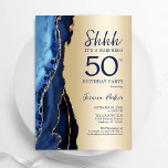 Gouden Marine Blauwe Agaat Verrassing 50ste Verjaa Kaart<br><div class="desc">Marineblauw en goud agaat verrassing 50ste verjaardag feestuitnodiging. Elegant modern ontwerp met een koningsblauwe waterverf agaat marmeren geode achtergrond,  faux glitter gold en typografie script lettertype. Trendy uitnodigingskaart perfect voor een stijlvol vrouwenfeest. Gedrukte Zazzle-uitnodigingen of direct download digitale afdrukbare sjabloon.</div>