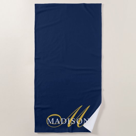Gouden Marine Blauwe Monogrammed Strandlaken (Voorkant)