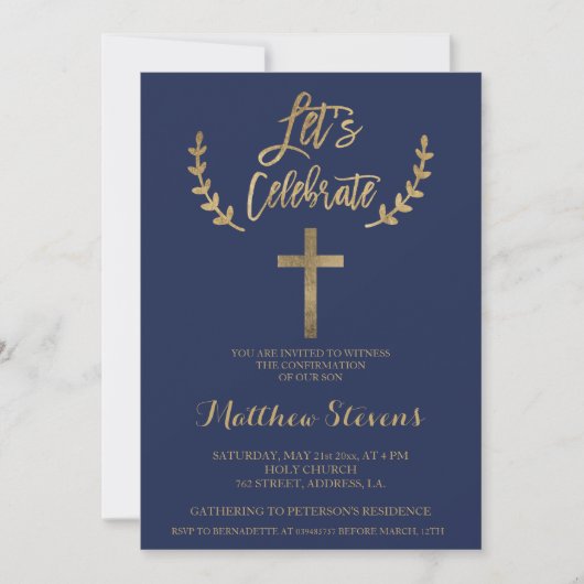 Gouden marine blauwe typografie chique bevestiging kaart (Voorkant)