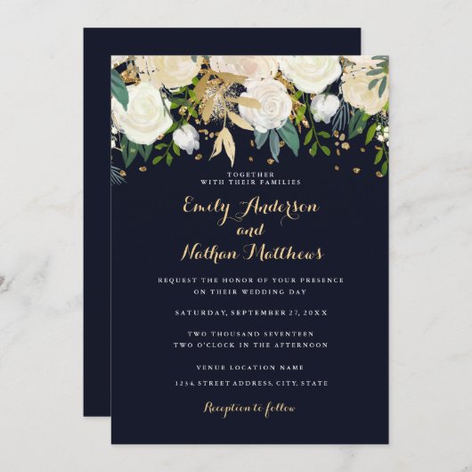 Gouden Marine Bloemen Glitter Mousserende bruiloft Kaart (Voorkant / Achterkant)