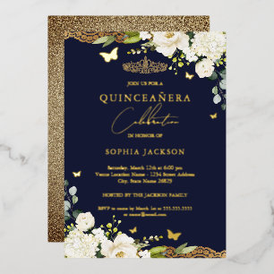 Gouden marine bloemrijke kant Quinceanera 15e verj Folie Uitnodiging