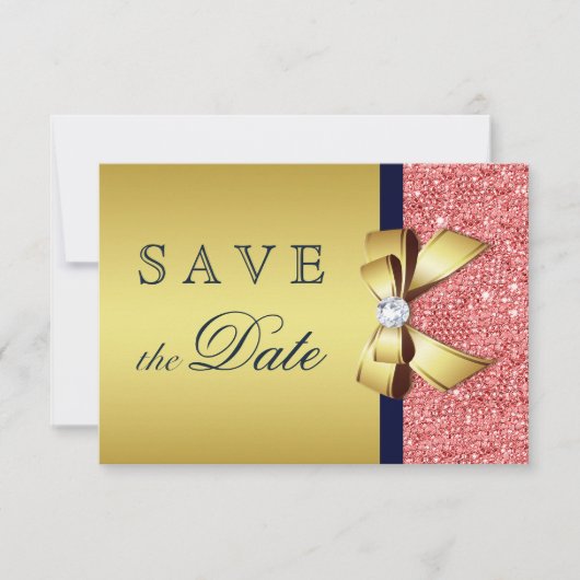 Gouden marine koraal pailletten diamanten boog ops save the date (Voorkant)