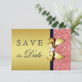 Gouden marine koraal pailletten diamanten boog ops save the date (Staand voorkant)