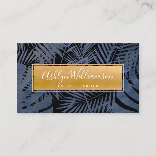 Gouden marine tropische palm elegante script typog visitekaartje (Voorkant)