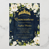 Gouden Marine Vlinder Champagne Bloemen Quinceaner Folie Uitnodiging (Voorkant)