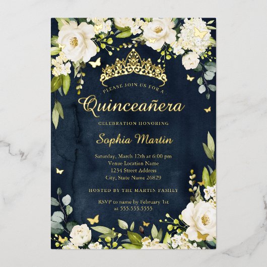 Gouden Marine Vlinder Champagne Bloemen Quinceaner Folie Uitnodiging (Voorkant)