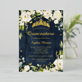 Gouden Marine Vlinder Champagne Bloemen Quinceaner Folie Uitnodiging (Staand Voorkant)