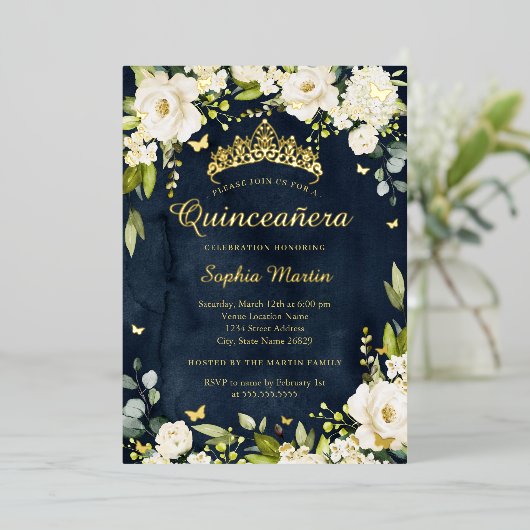 Gouden Marine Vlinder Champagne Bloemen Quinceaner Folie Uitnodiging (Staand Voorkant)