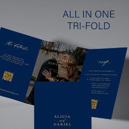 Gouden marineblauw foto bruiloft RSVP details QR-c Drieluik Uitnodiging